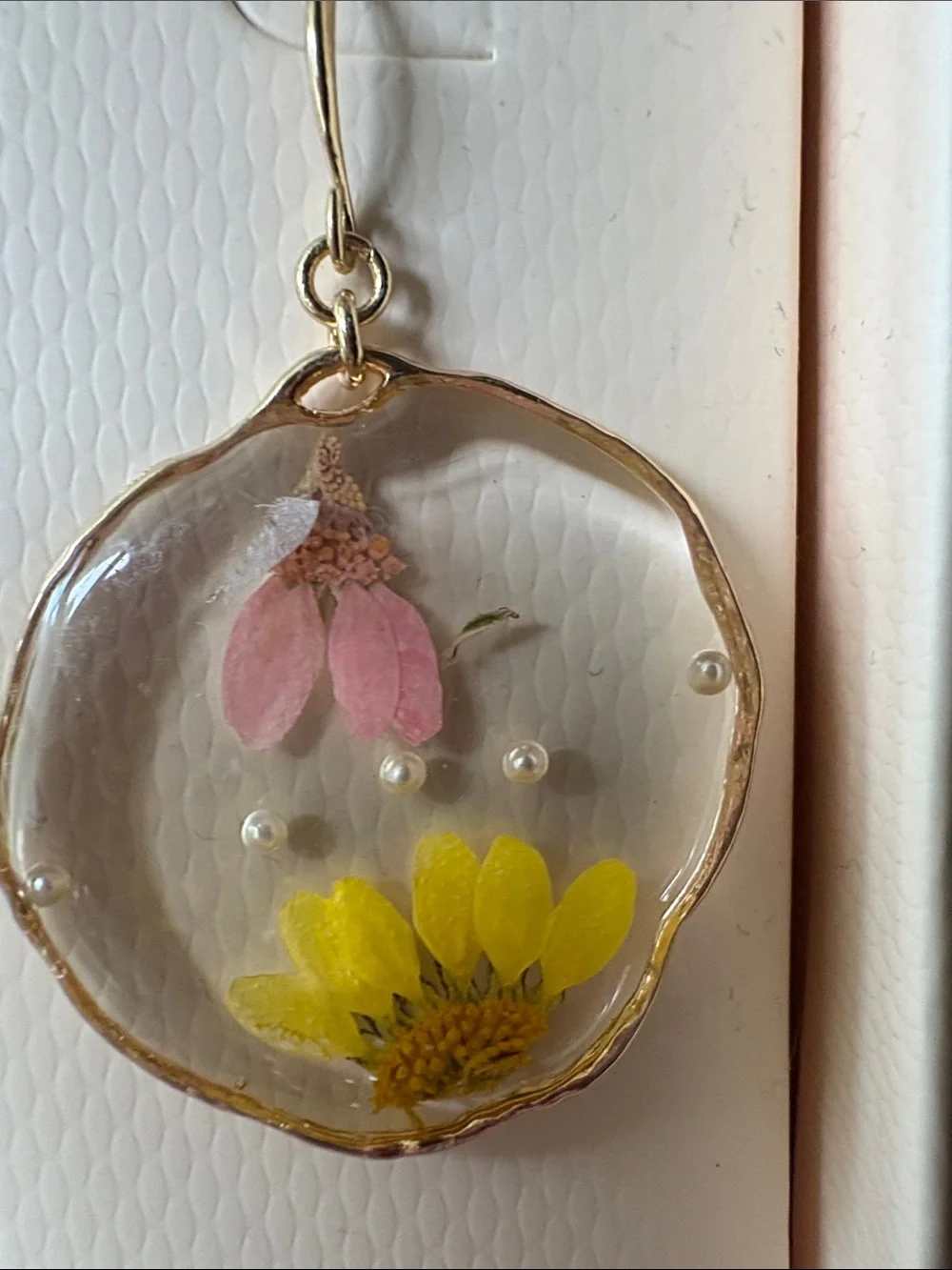 Camila Coelho Pink and Yellow Floral Resin Drop Earrings with Gold Trim